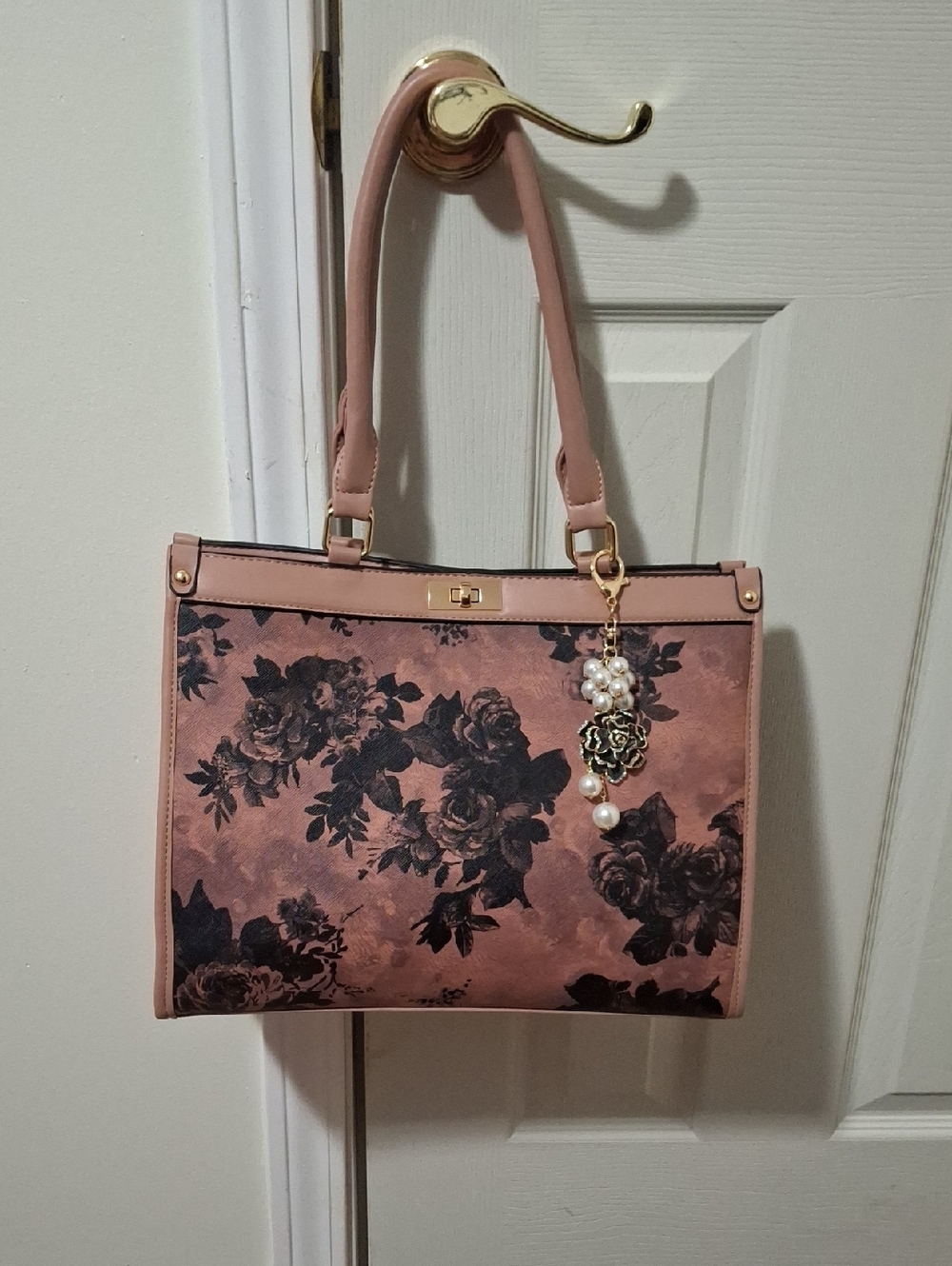 Floral Print Pink Tote Bag with Charm